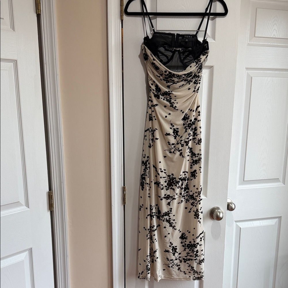 Beige and Black Floral Cowl Slip Maxi Dress